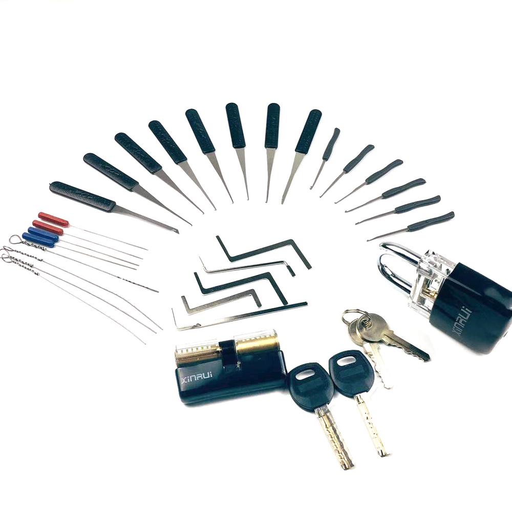 5 in 1 Lock Pick Set Combination for Beginner Training,2pcs Transprent Practice Lock ,12pcs+10pcs Broken Key Remove Tool,5pcs Te: L Set