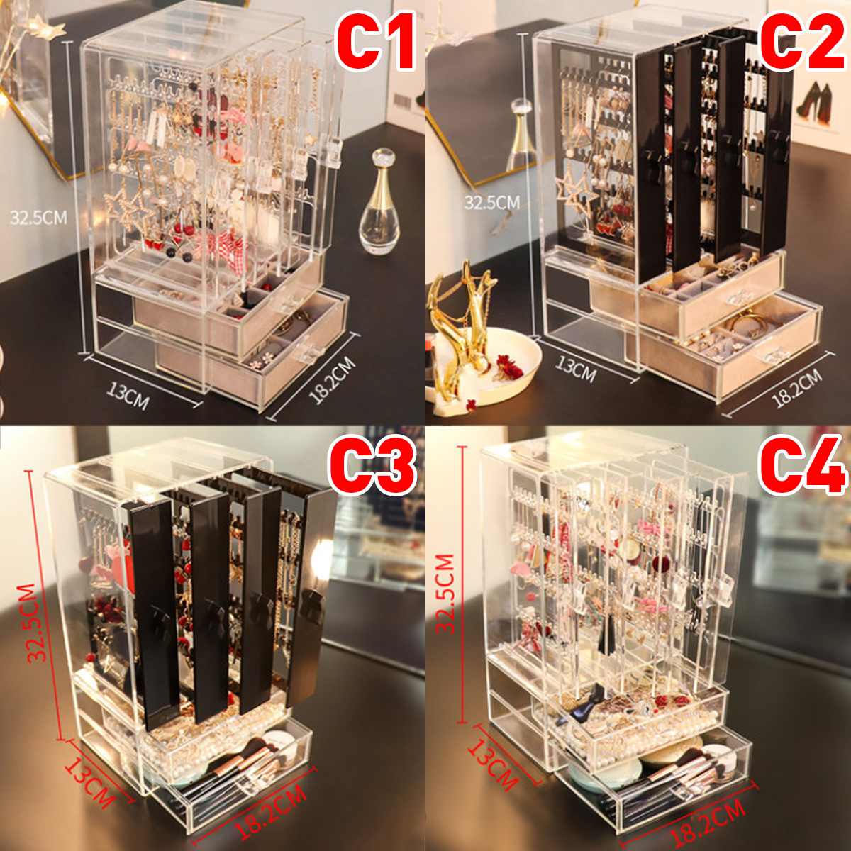 3/4 Trays Transparent Acrylic Luxury Jewelry Display Box Layers Drawers Dustproof Acrylic Ear Clip Ear Nail Earrings Storage Box