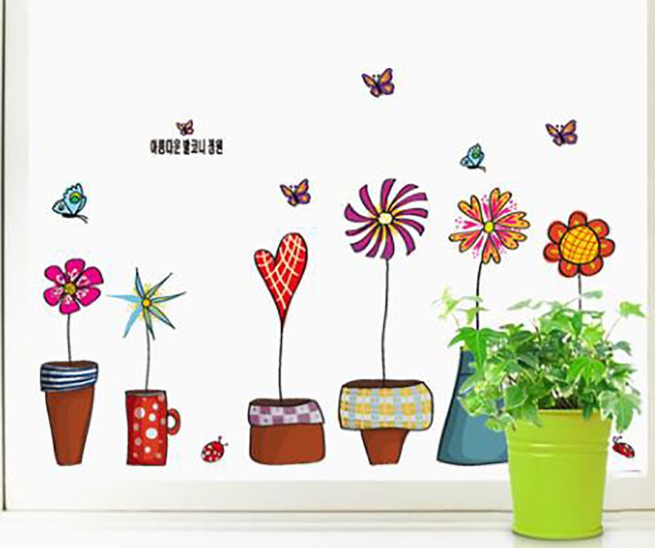 Söt tecknad blomma fjäril väggklistermärken diy dekal fönster glas vägg dekor heminredning barn barn rum inredning