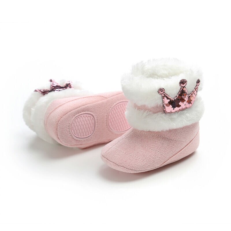 Fancy Princess Snow Boots Baby Girl Soft Plush Sequins Booties Winter Snow Boots Infant Toddler Newborn Warm Sequin Crown Shoes