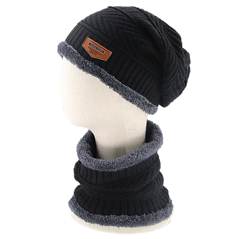 Set van 2 grof gebreide wintermutsen, mutsen en sjaals, met zachte voering en een warme schedelmuts.: Zwart