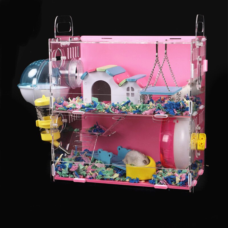 Grote Maat Hamster Huis Acryl Transparant Hamsterkooi Wielen Kleine Huisdier Villa Cavia Kooi Speelgoed Nest Accessoire 30x20x30CM