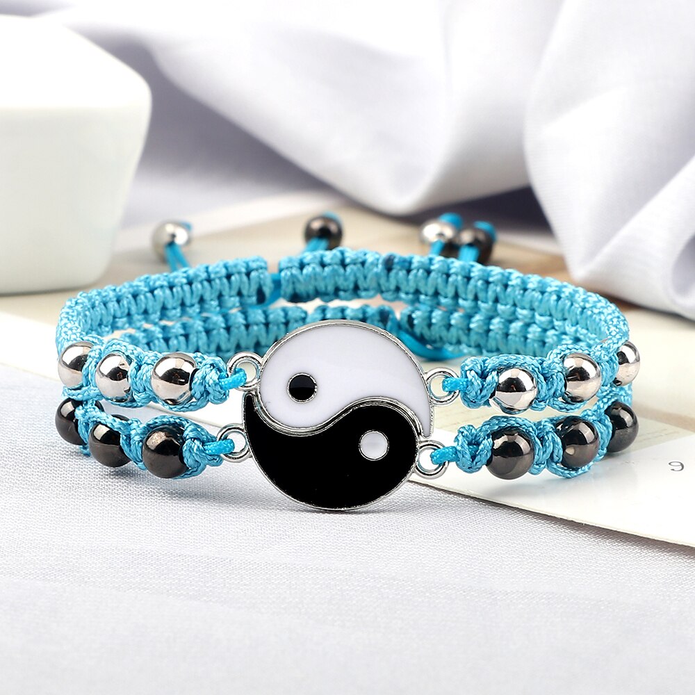 2 unids/set de pulsera trenzada Yin Yang Tai Chi, abalorio negro y blanco, pulseras ajustables a juego para parejas y joyería para amantes de la distancia Blangle