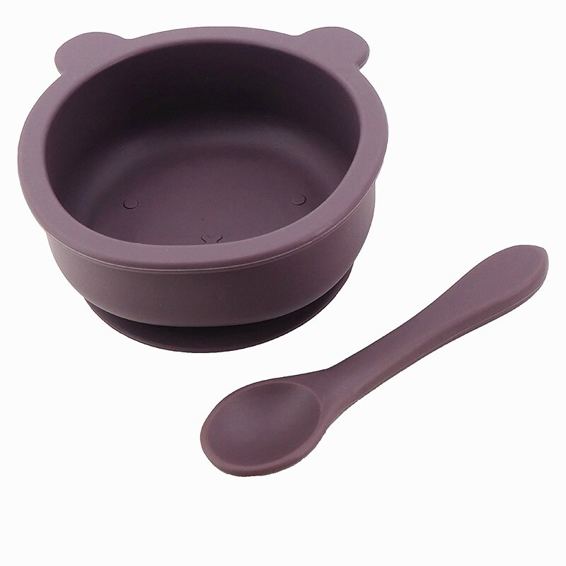 Chenkai 5Set 9 Color Baby Feeding Bowl Bear Shape Food Grade Silicone Anti-Flip Suction Tableware Infant Waterproof Bowl Spoon: Brown