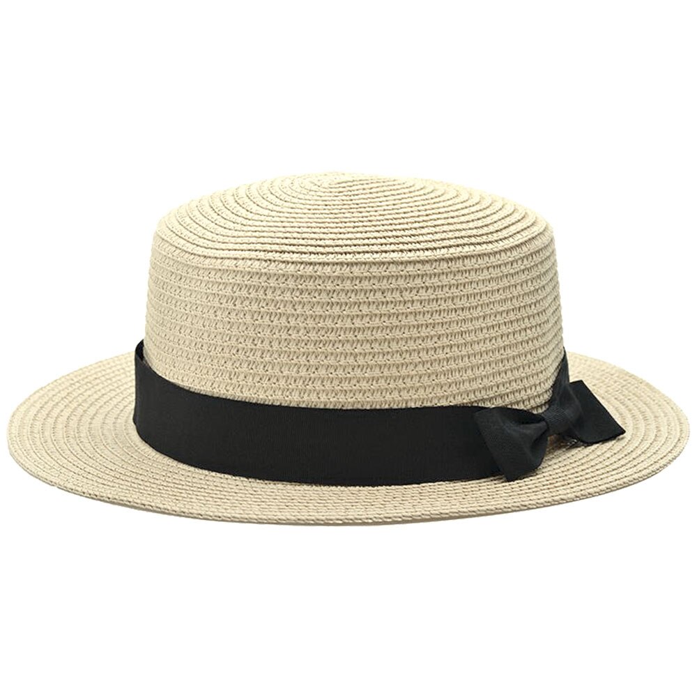 Betoverende opvouwbare unisex strik ronde platte rand strohoed zomer strandpet: Beige geel