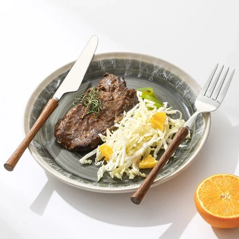 Stainless Steel Dinnerware Set Steak Knife Fork Spoon Tea Spoon Wooden Handle Cutlery Set Western Tableware Kichen Accessories