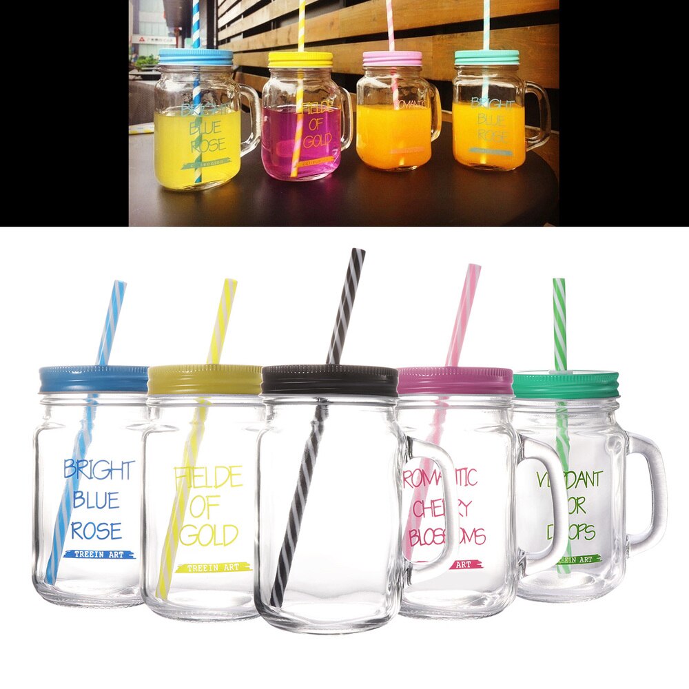 2 Stuks 500Ml Stro Mason Cup Zomer Draagbare Cup Glas Drinken Beker Met Stro Deksel (Blauw)