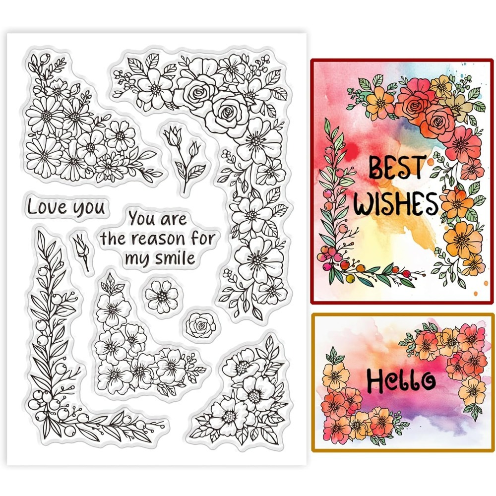 Sellos transparentes de esquina de plantas, sellos transparentes de silicona con borde de rosa y flores, sellos transparentes para tarjetas de álbum de recortes DIY: Blanco