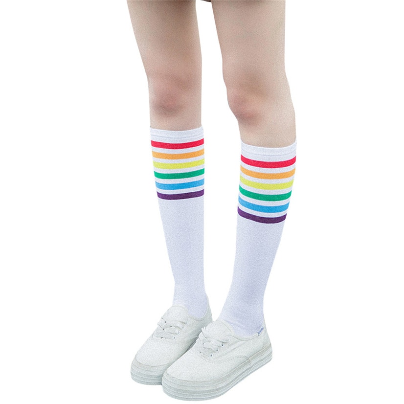 FishSunDay Hohe Socken Über Knie Regenbogen Streifen Mädchen FußBall Sport Socken Schwarz Weiß August16