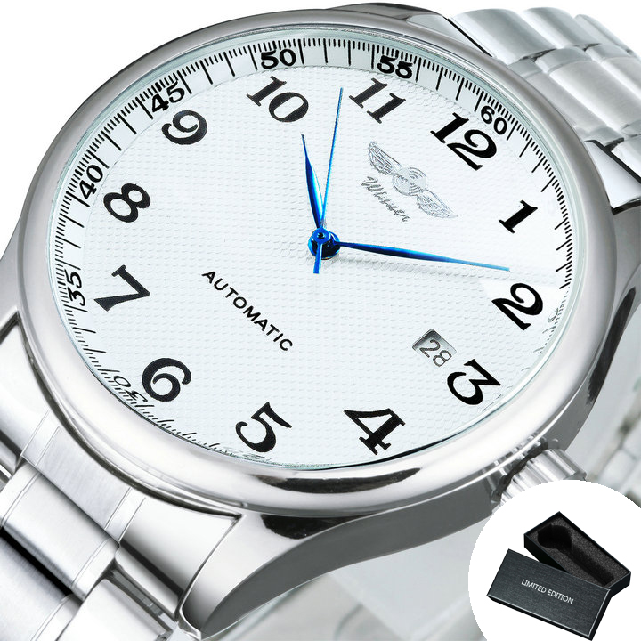 Winner Klassische Business-Armbanduhr für Herren, Retro-Kalender, blaue Zeiger, automatische mechanische Uhren, Top, Luxus-Stahl-Ledergürtel: Lila