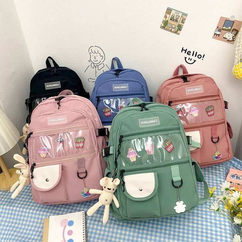 Mochila Coreana de gran capacidad para mujer, bolso escolar de bolsillo transparente para adolescentes, bolso de viaje de estilo Preppy a la