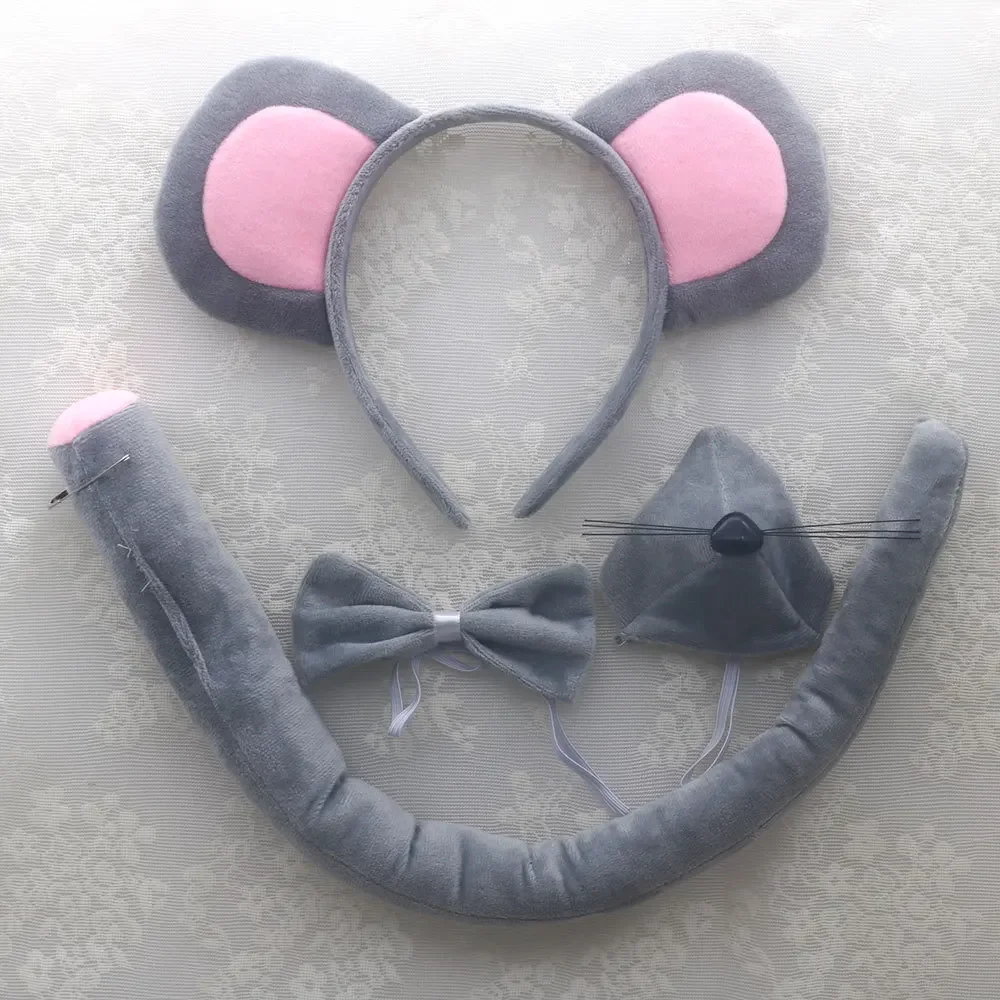 Conjunto de accesorios para ratón, diadema con orejas de animales, cola, nariz y pajarita, conjunto de accesorios para rata, disfraz de cumpleaños y Halloween, Cosplay