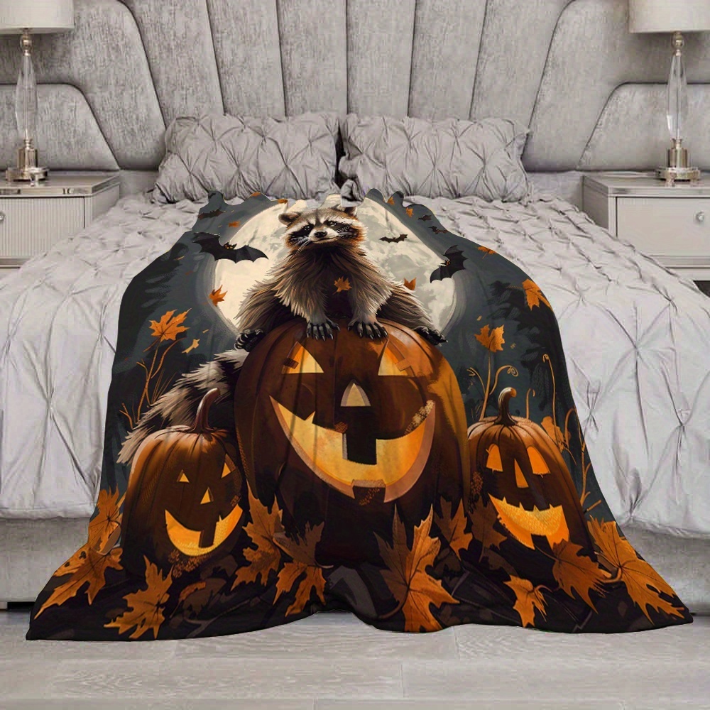 Żywy wyświetlacz | Przytulny koc polarowy na Halloween z szopem i nietoperzem żart idealnym jesienno-zimowym prezentem dla nastolatków i dorosłych.