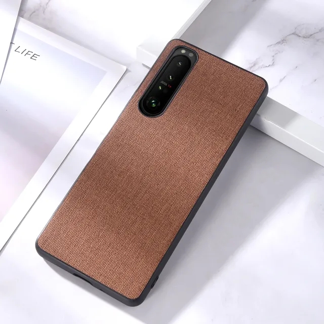 Funda de teléfono de tela de lujo para Sony xperia 5V 10V 1V 5IV 10III 1III 10IV 5III 1IV Slim Soft Bumper Hard PC Back Cover: Mezclilla / Marrón claro