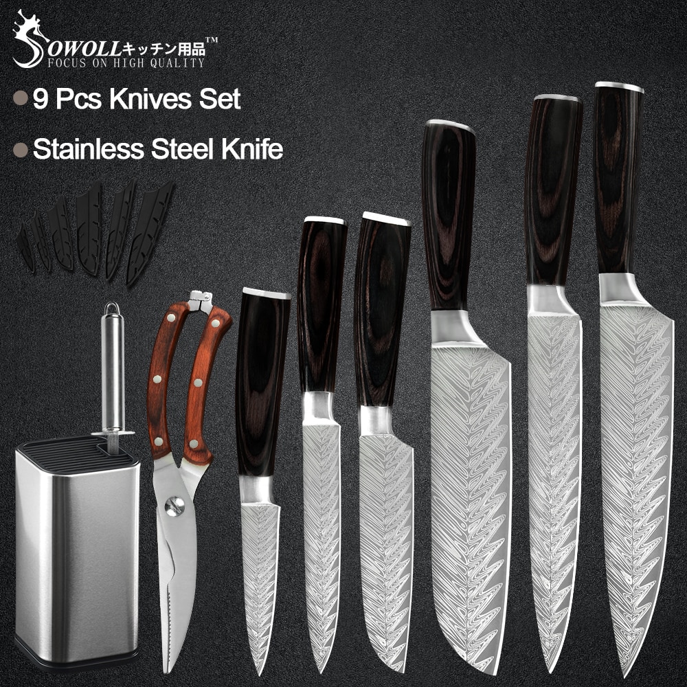 Sowoll Kitchen Stainless Steel Knives Tool Fruit Utility Santoku Chef Slicer Damascus Veins Kitchen Knives Scissor Sharpener Bar