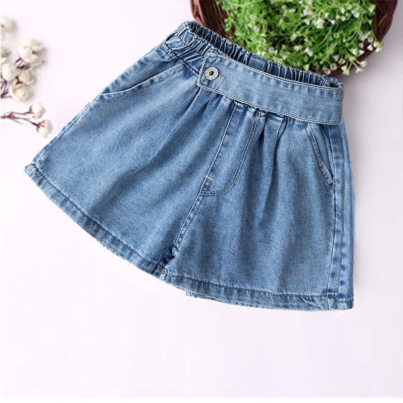 Pantaloncini per bambina Jeans pantaloni estivi in tinta unita per bambini coreani adolescenti pantaloncini elastici in vita abiti blu per adolescenti