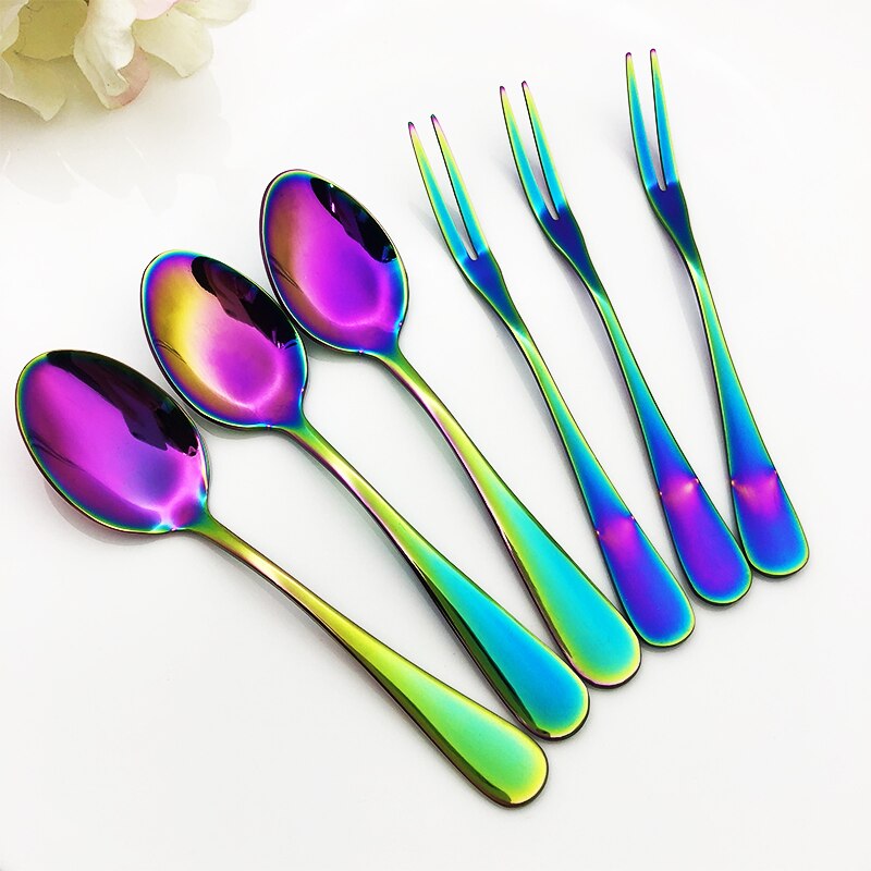 Juego de tenedor cuchara para postre, fruta, ensalada, 6 uds., cucharilla de café de acero inoxidable, tenedores para restaurante, , café, cubiertos