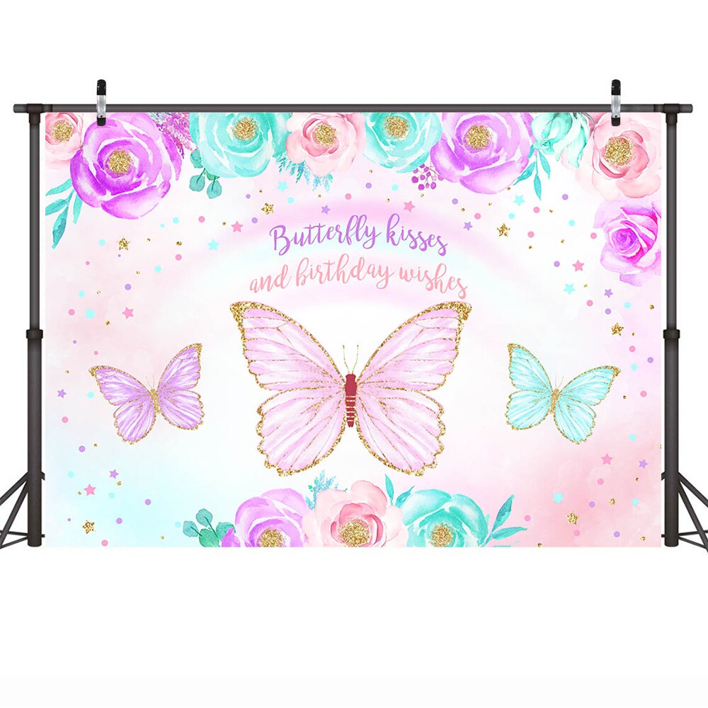 Embrasses papillon et vœux d'anniversaire, décor aquarelle, fleurs papillon elfes, arrière-plan, fournitures de Smash de gâteau d'anniversaire pour fille