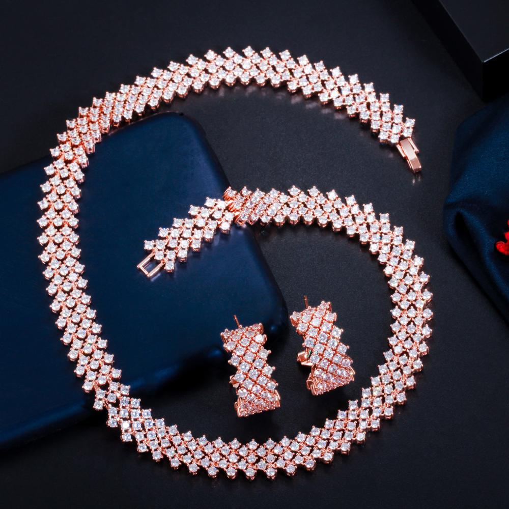 CWWZircons – ensemble de bijoux pour femme, magnifique collier et boucles d&#39;oreilles en zircon cubique, couleur or Rose, T490, 5 couches
