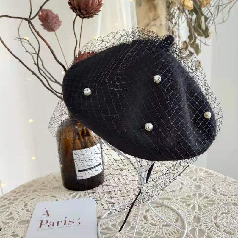 Lady Autumn Winter Berets Hat Pearl Lace Veil Painter Hat Women Sweet Vintage Berets Caps Female Bonnet Warm Walking Cap: 02