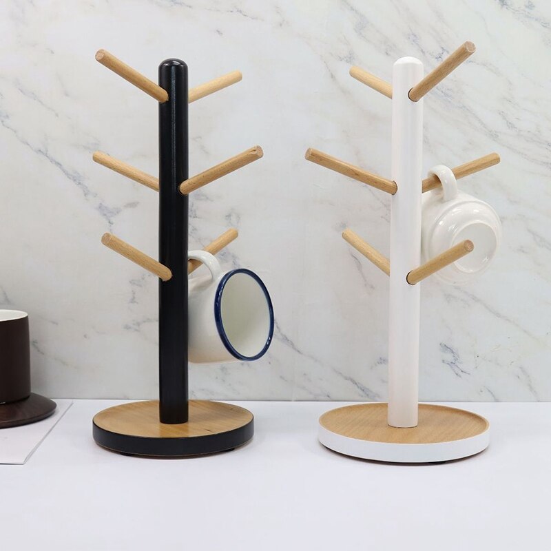 Estante de madera para colgar tazas, estante para vasos con 6 ganchos, soporte de madera para tazas de té o café, soporte blanco