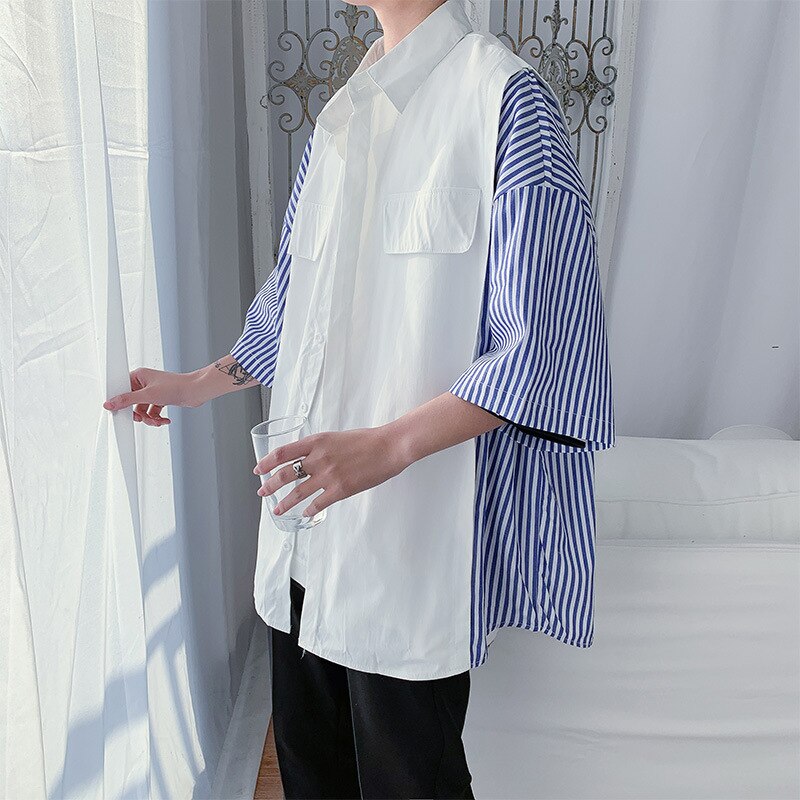 Listrado meia manga camisa masculina de grandes dimensões verão solto estilo coreano camisas masculino topo