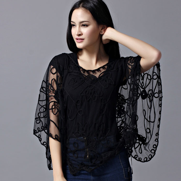Zomer Toevallige Losse Oversized Dunne Mesh Borduren Bloemen Batwing Mantel Cape See-Through Kant Poncho Jas Feminino