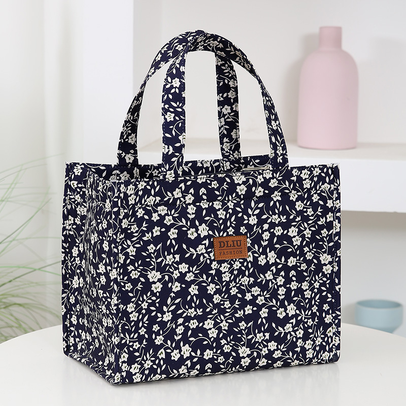 style nylon printing thickened large capacity handbag, work portable zipper semi-closed lunch box storage bag, bento bag: Blue