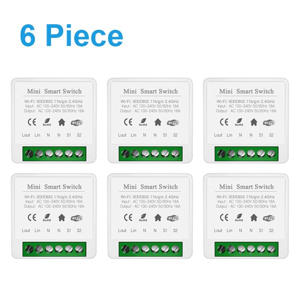 Tuya 16A MINI Wifi Switch DIY 2-way Control Timer Switches Relay Automation Modules Smart Life Work With Alexa Google Home Alice: 6 pieces