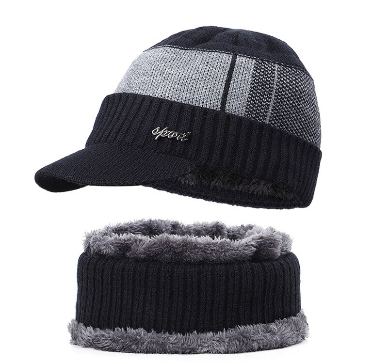Mænd unisex sport vinter varm hat strikket visir beanie fleece foret næbshue med brim cap: Sort