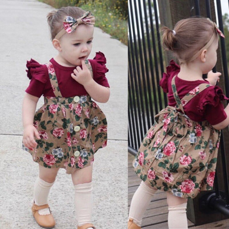 3 Stuks Peuter Baby Meisje Romper Korte Mouw Bodysuit Bloemen Jurk Set Prinses Rok Outfits Kleding Katoen Zomer