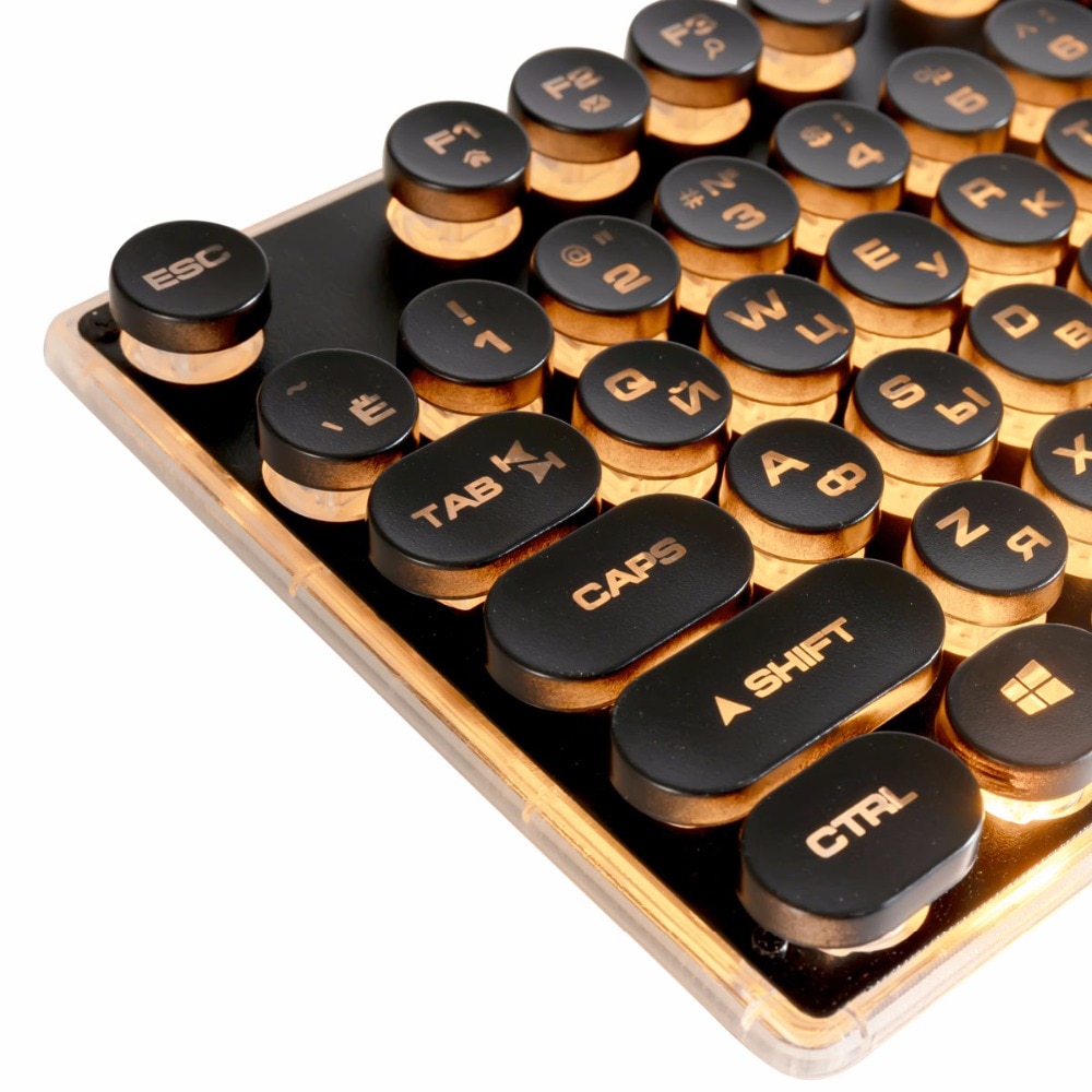 Steampunk Retro Gaming Keyboard Russian/English Layout Round Keycap Backlit USB Wired Glowing Metal Panel Crystal Border