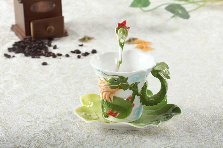 Enamel Porcelain Dragon Phoenix Coffee Cup Dragon Mug Tableware Set: Dragon 2