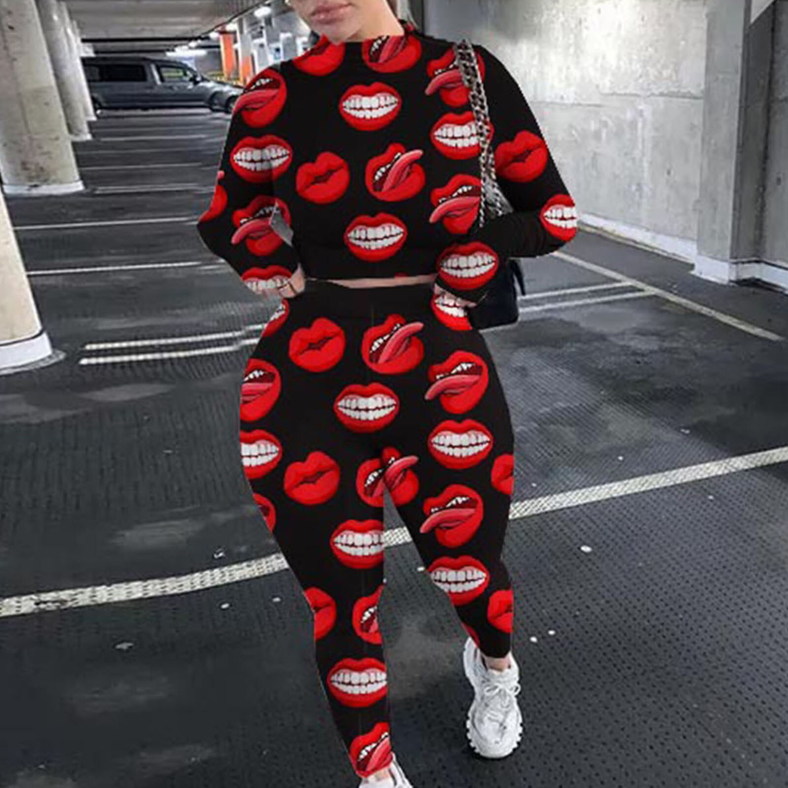 40# Full Lips Print Tracksuit Ladies Two Piece Set Women Sexy Suit Set Top Pants Sports Jogging Suit Outfits Pant Sets