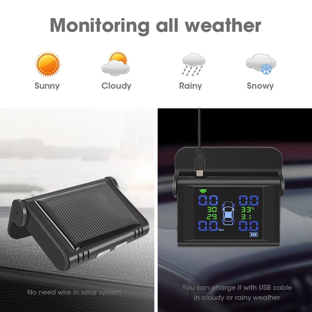 Original Solar TPMS Car Tire Pressure Alarm Monitor System Tire Pressure Alarm TPMS Car External Sensor Larger LCD Display