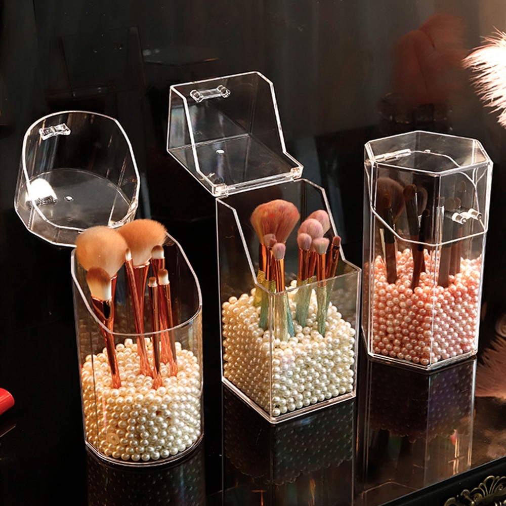 Caja acrílico transparente para guardar brochas de maquillaje, recipiente perlado de almacenamiento y organizador para cosméticos y para lápices de labios