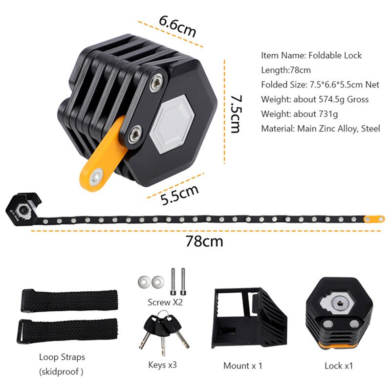 Fietsslot Met 3 Toetsen Opvouwbaar Hamburg-Lock Legering Anti-Diefstal Sterke Beveiliging Fiets Vouwen Lock Beugel fiets Kettingslot
