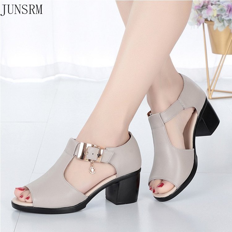 Summer style fish mouth casual ladies solid color thick heel buckle sandals sandalias mujer