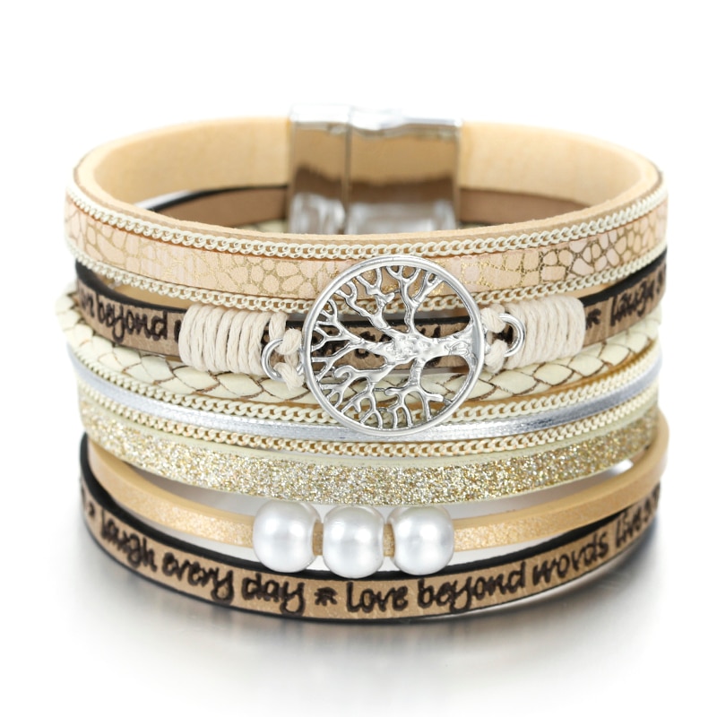 Flashbuy Life Tree Lederen Armbanden Voor Vrouwen Bohemen Weave Multilayer Wide Wrap Armbanden Mode-sieraden