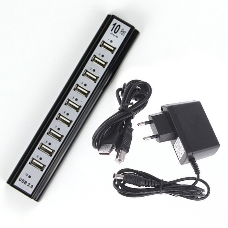 480Mbps High Speed Multiport Splitter Adapter Portable Light Weight 10 Ports USB 2.0 Hub With External Power For PC Laptop: Black