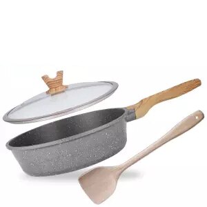 Wok antiaanbakpan geen rook platte bodem kookpan huishoudelijke koekenpan inductiekookpan gietijzeren pan kookwok: 28cm met deksel