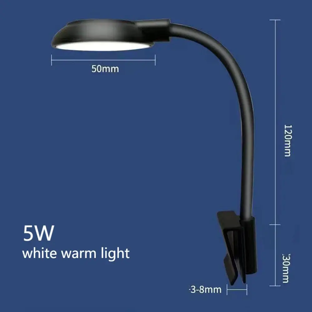 Klemmelampe for fisketank , 5/7w led-lamper, 3 farger, justerbar usb-strømforsyning, fullspektret vanntett lampe for små fisketanker, akvarielys: Hvit