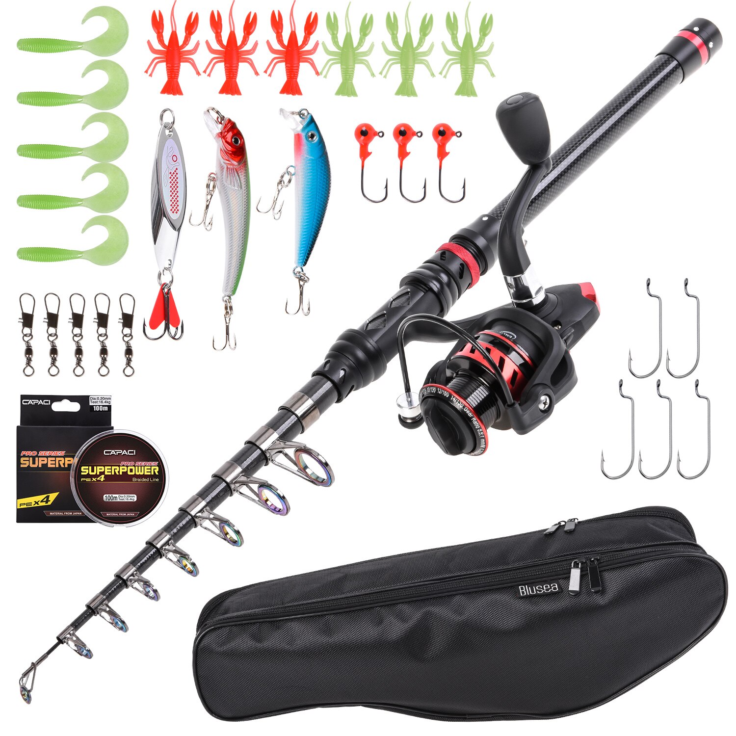 Blusea Fishing Rod and Reel Combo Carbon Fiber Telescopic Fishing Rod with Spinning Reel Combo Carrier Bag Case Fishing Lures