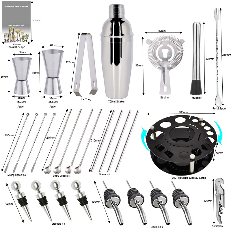Bar Tool for , Experience for Drink Mixing, Bartender Kit:30-piece Cocktail Shaker Set with Stainless Steel Rotating Stand