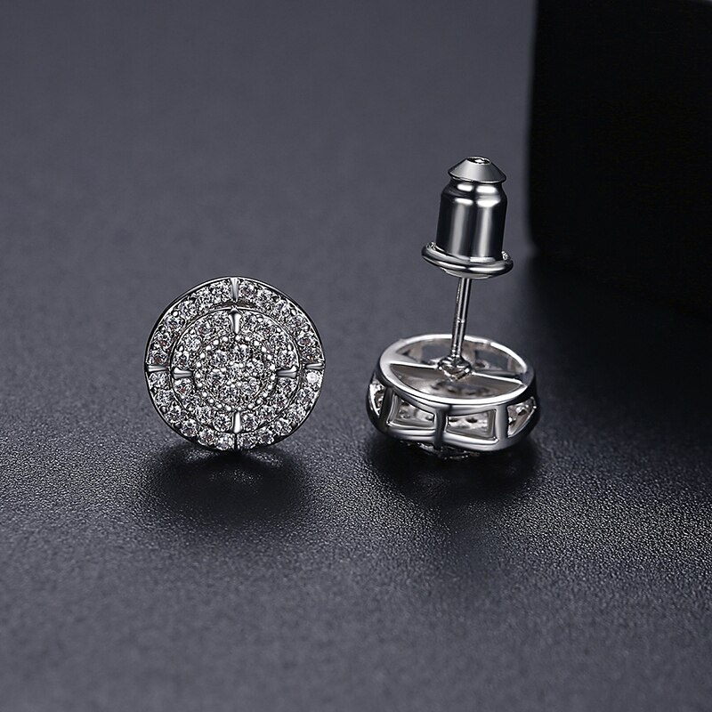 Jinse Vergulde Aaa Kubieke Zirkoon Iced Out Stud Oorbellen Voor Mannen Vrouwen Ronde Clear Cz Mode Hip Hop sieraden Trend: Silver Color