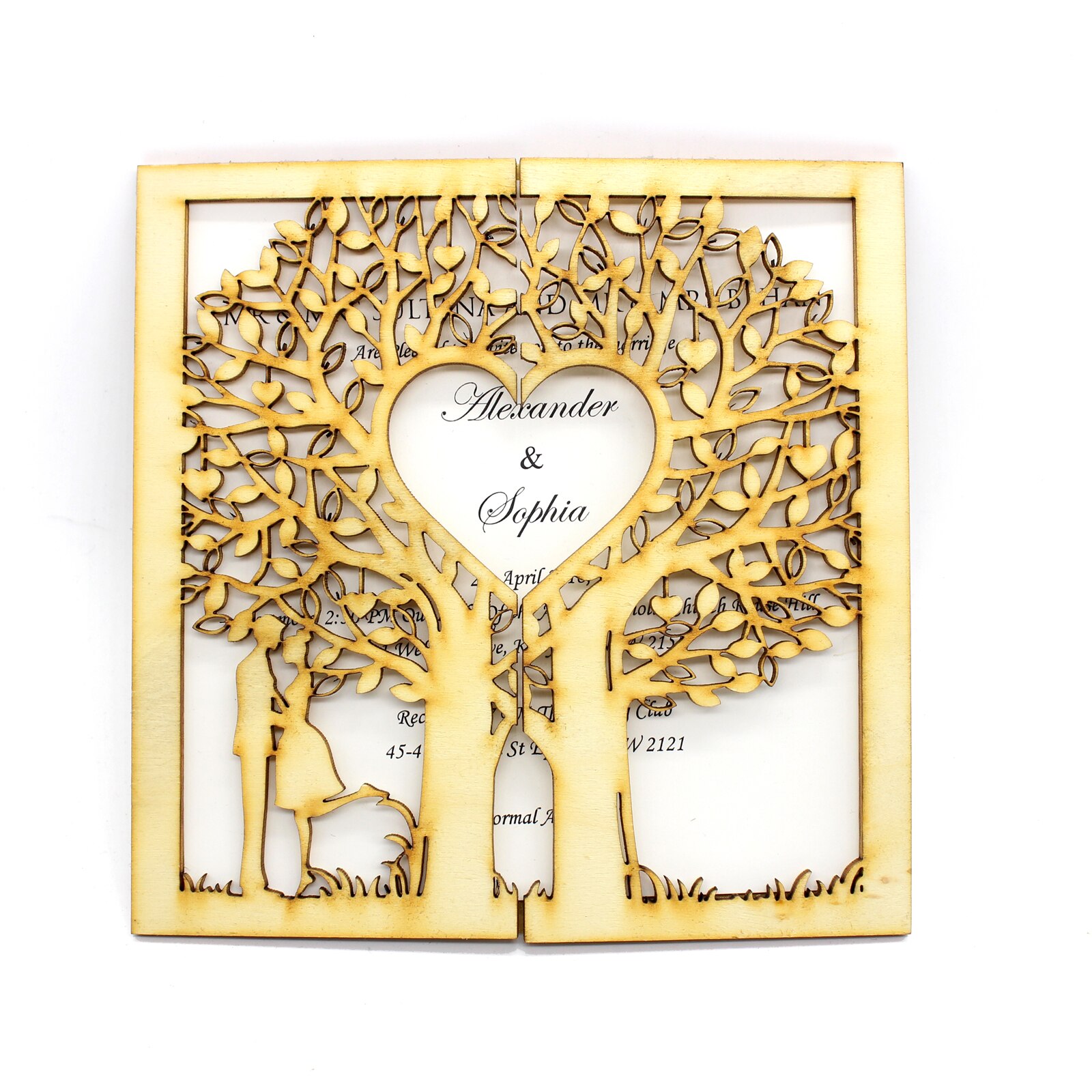 10 styks rustik bryllupsinvitation, træinvitation, papirinvitation, udskåret træ, livets træ, graveret hjerte, monogram