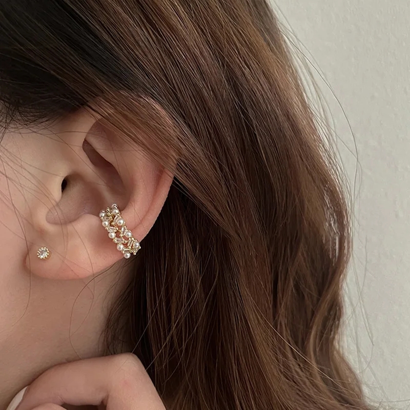 Boucles d'oreilles à Clip en perles Double couche pour femmes et filles, nouvelle coréenne, Clip de manchette d'oreille en Zircon de luxe sans piercing, bijoux