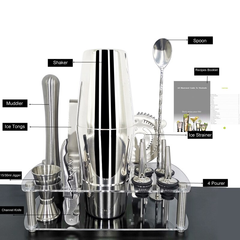 Cocktailshaker barverktyg i rostfritt stål 13- -delat bartenderkit med stativ och recepthäfte återanvändbara isbitar