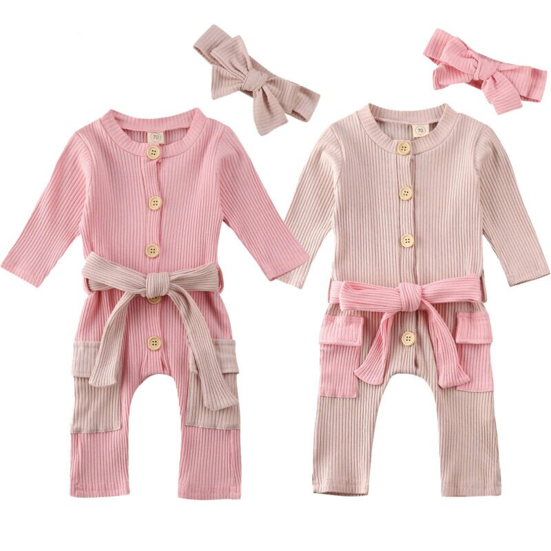 2pcs infantil bebê menina meninos macacão bandana 2pcs roupas de malha arco grande sólido manga longa macacão outfit