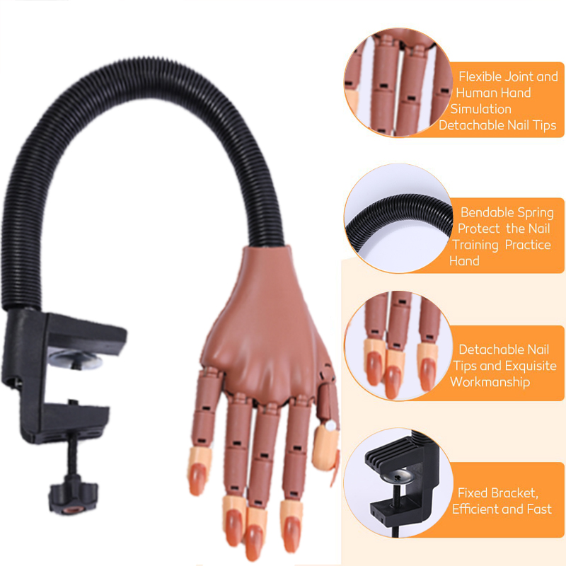 Main artificielle pour entraînement de manucure, outil ongulaire, support flexible et réglable, mannequin pour formation nail-art, fourniture mobile, avec 100 pièces de faux-ongles